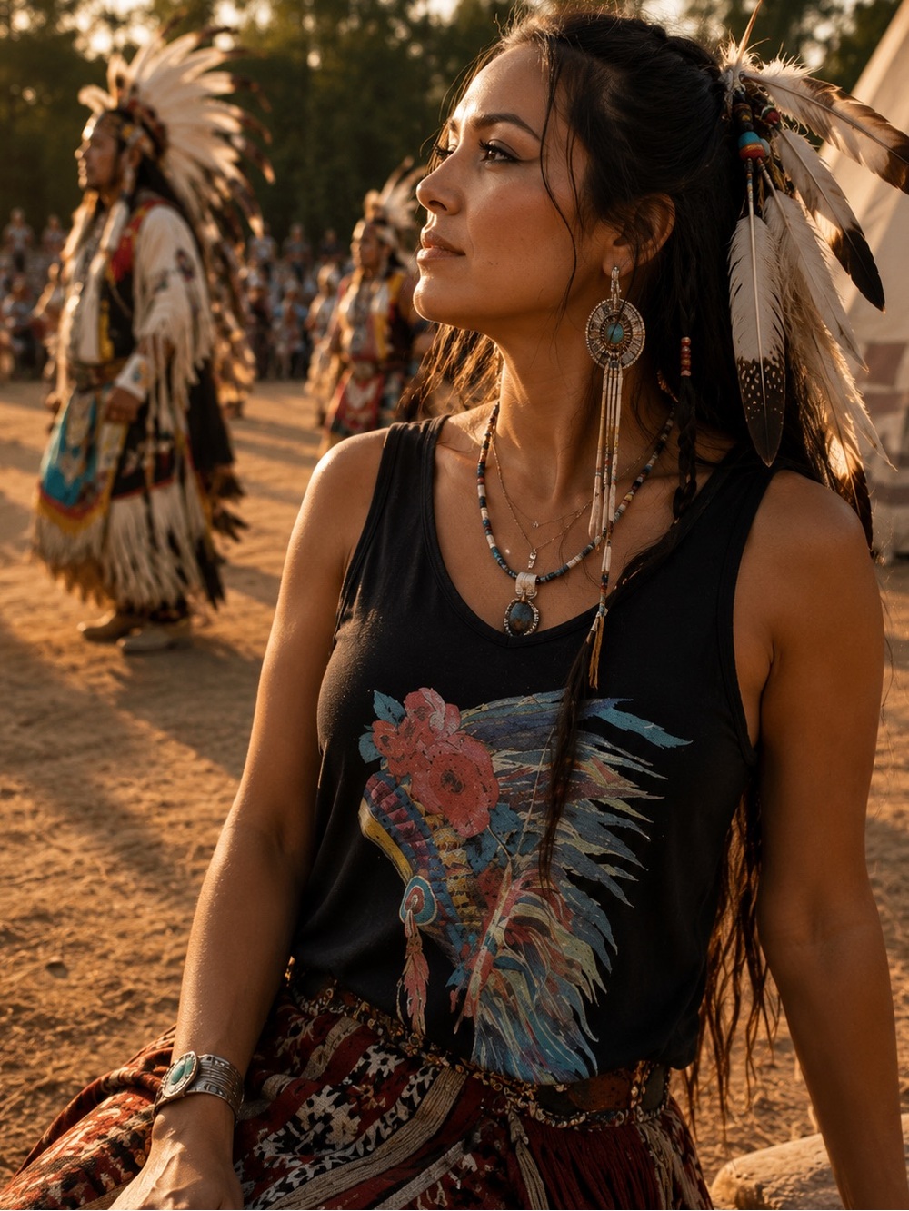 Black Graphic Feather Headdress Tank Top from Color Bear 🐻